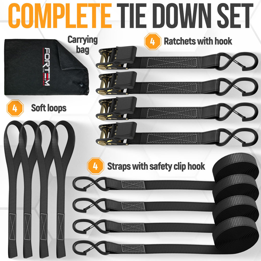 Ratchet Straps - Tie Down Strap Set, 4 Pack, 2300lb Break Strength