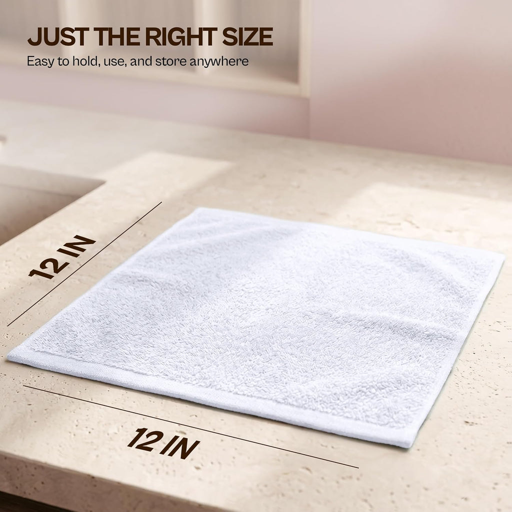 12 Pack Washcloths, 12x12 in, 100% Cotton, White | Premium 100% Ring Spun Cotton Face Cloths - Highly Absorbent, Fast
