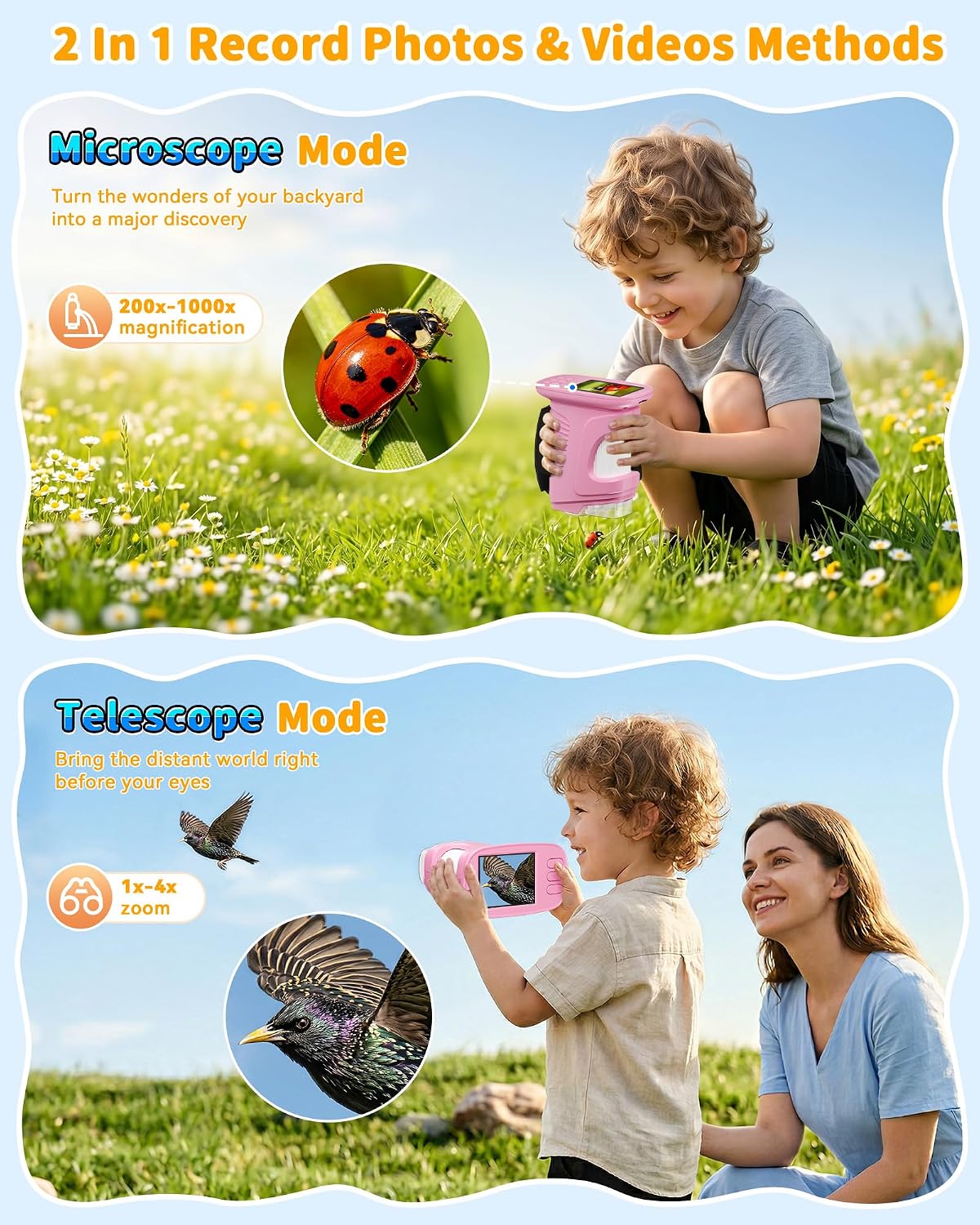 1000X Kids Handheld Microscope, 4K Digital Mini Pocket Digital Microscope with 2.4" IPS Screen, Built-in Camera & 12