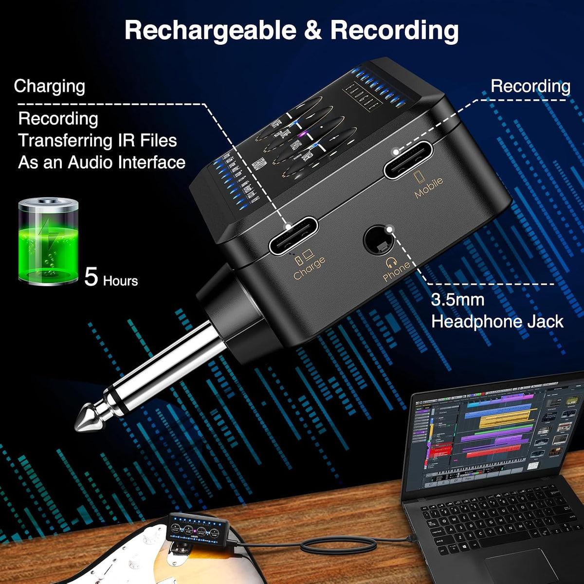 Micro Guitar Headphone Amp Bass Guitar Headphone Amplifier with Multi Effects - Amp Models, IR Loading, Tuner