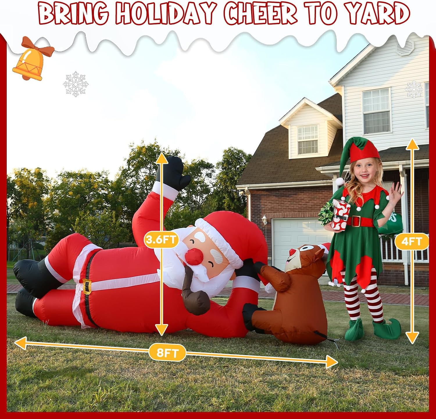8FT Inflatable Lying Santa Reindeer with LED Lights for Yard | Blow up yard decorations, Bright LED lights, Giant
