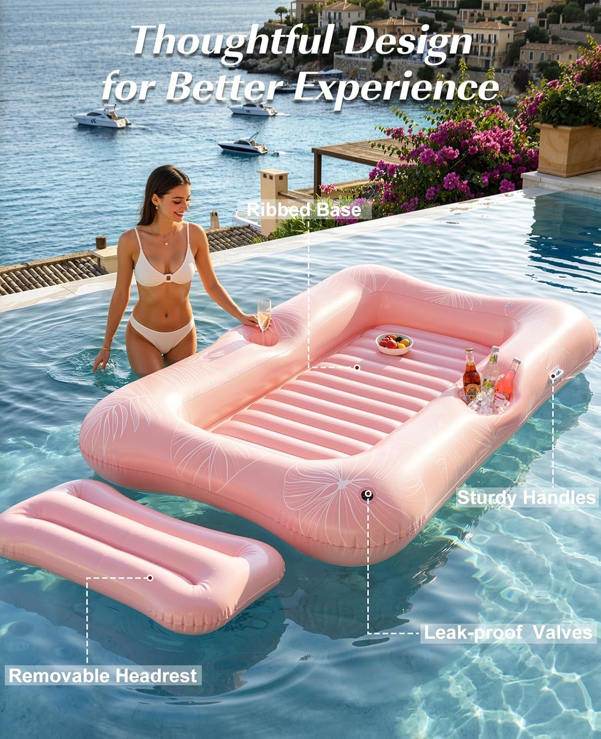 Inflatable Tanning Pool Lounger Float, Suntan Tub for Adults, Blow Up Sunbathing Pool with Integrated Pillow and Cup
