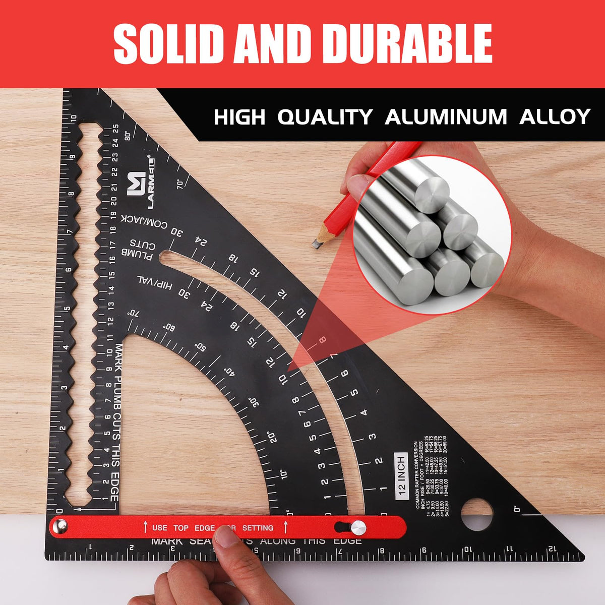 LARMEIL Carpenter Square, 12 Inch Woodworking Tools - Aluminium, Framing, Adjustable Rafter & Combination Square, Perfect Carpenters Gift