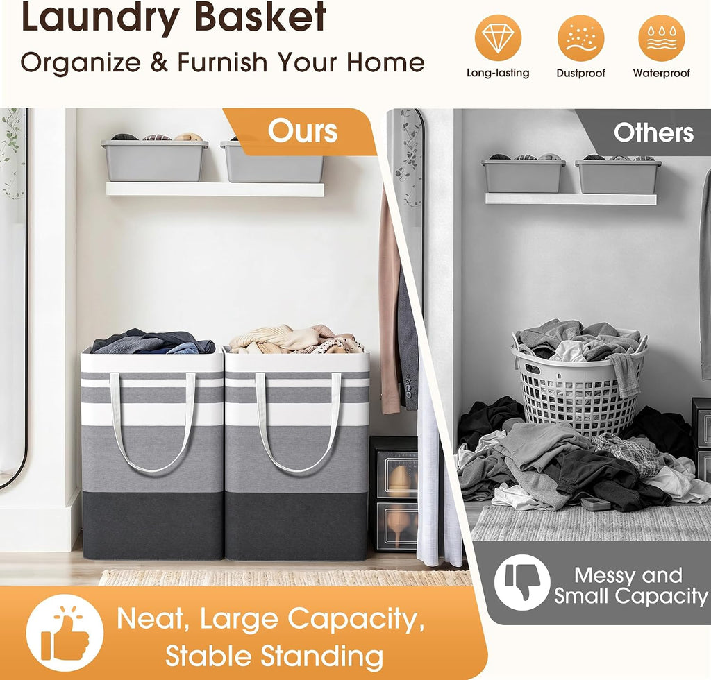 2 Pack Large Laundry Baskets, Laundry Hampers Bags (Grey 75Lx2) | Waterproof, Freestanding, Collapsible Clothes