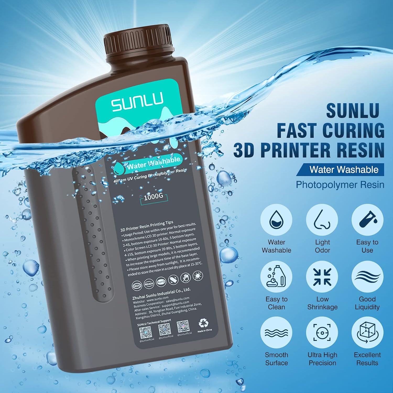 Water Washable Resin 1000g, Fast Curing 3D Printer Resin for LCD DLP SLA Resin 3D Printers, 395 to 405nm UV Curing 3D