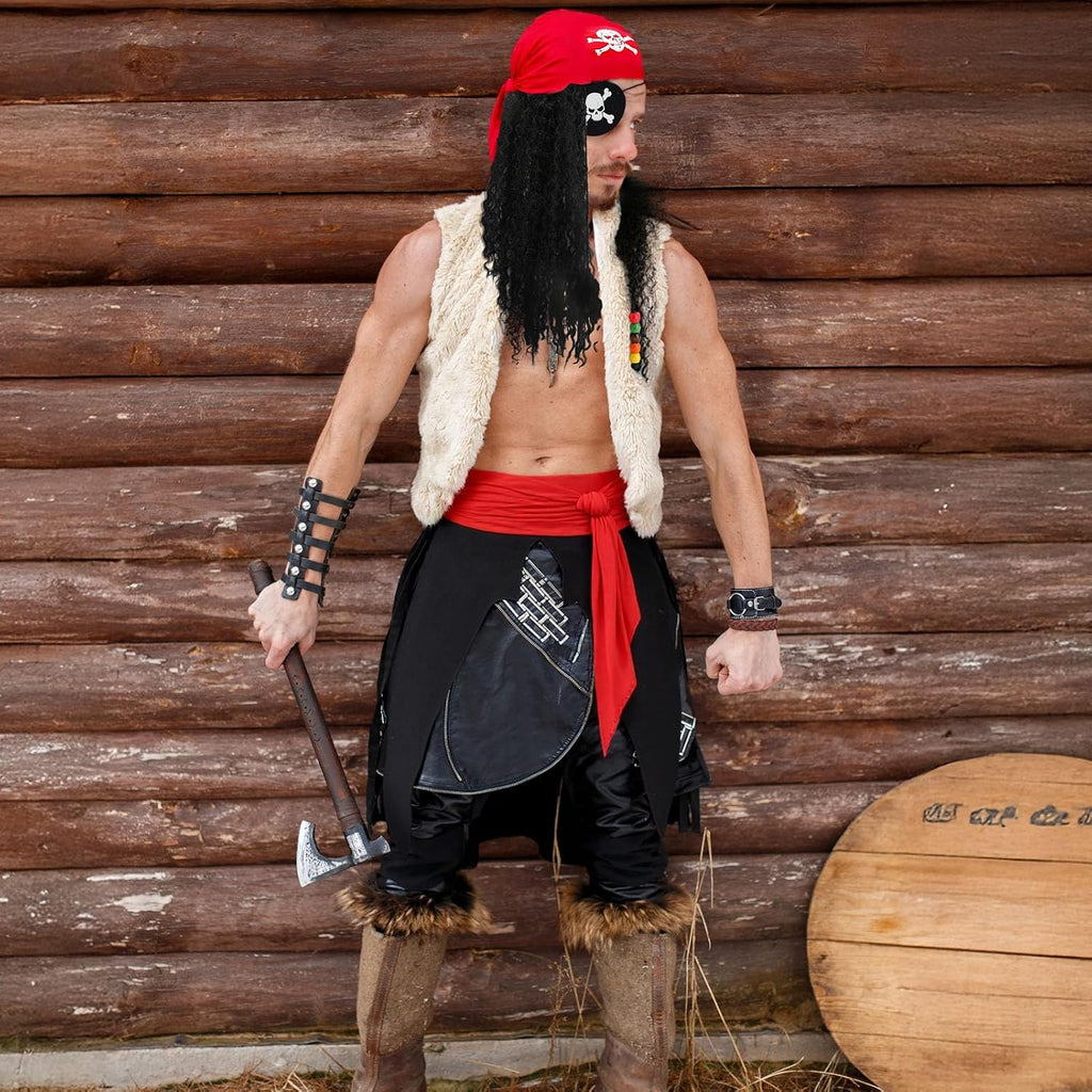 Pirate Costume Accessories Set for Women Men | Captain Hat, Bandana, Eyepatch, Earring, Necklace, Beard Wig, Dress Up
