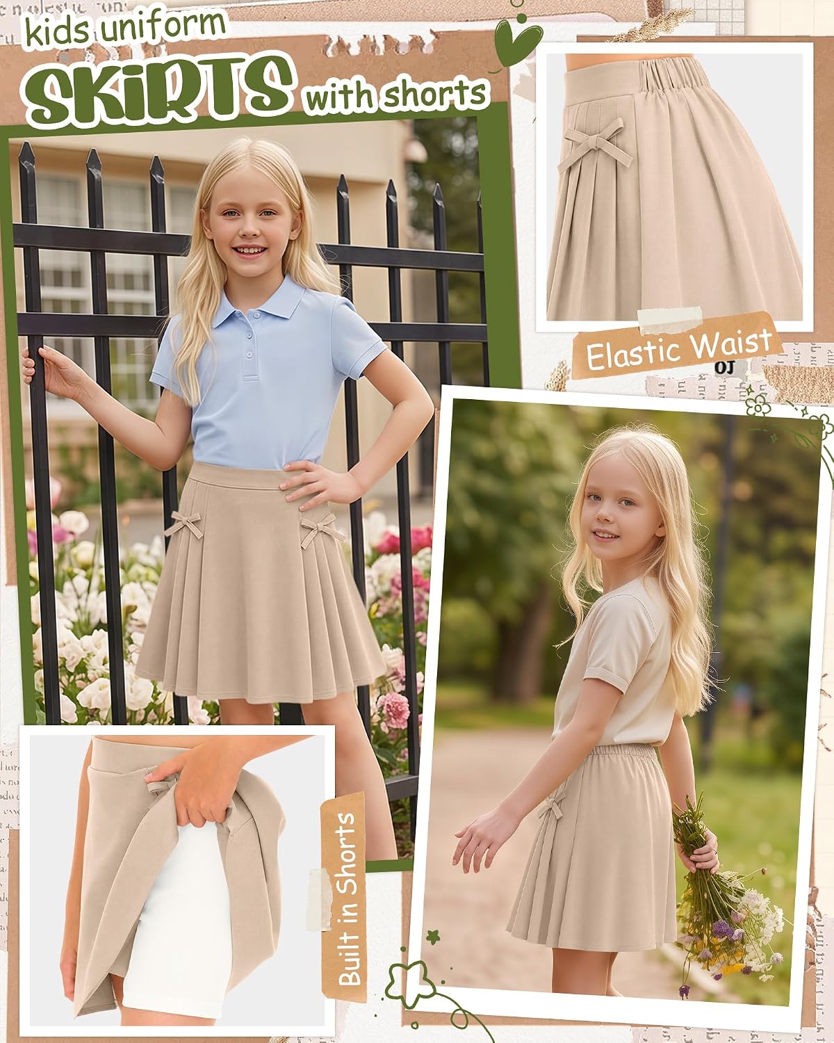 Girls Pleated School Uniform Skorts, Khaki, 13-14 Years | Elastic Waist, Bow Detail, Pleated Skirt Look, Built-in