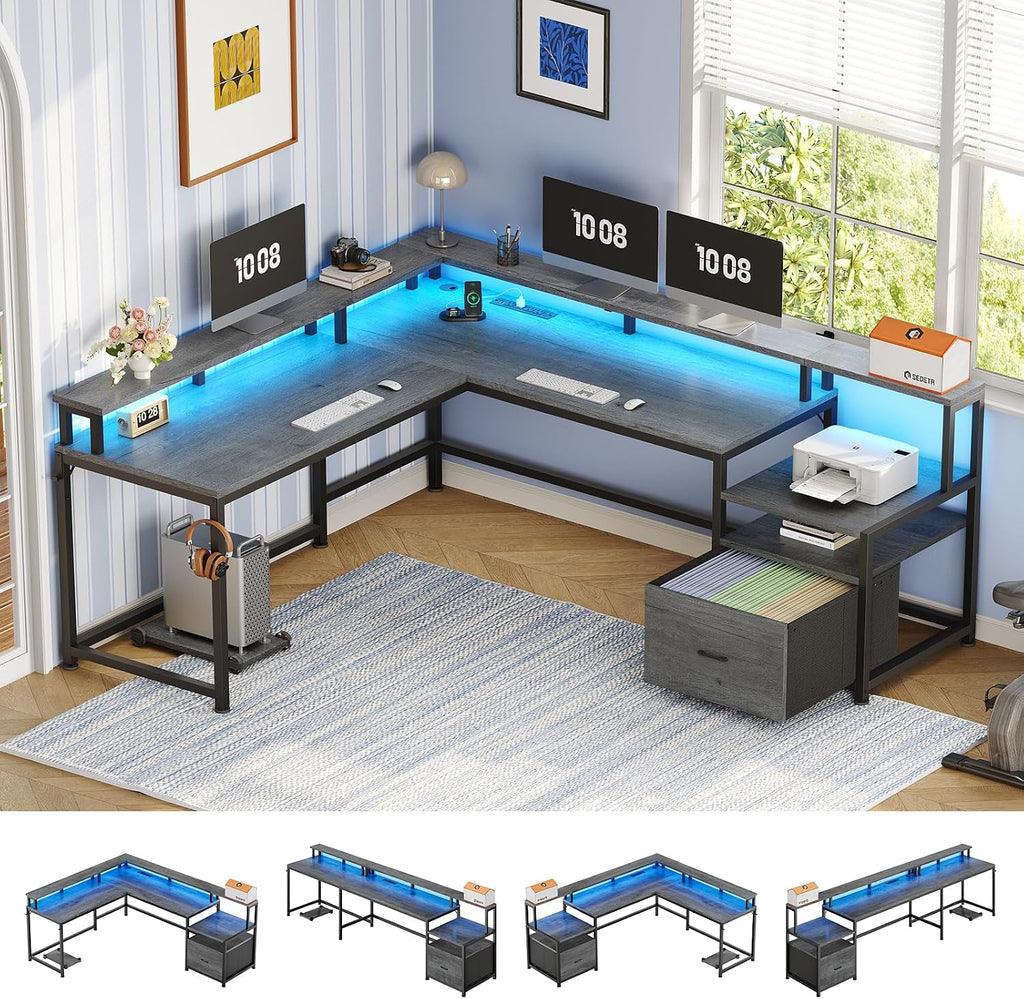 L Shaped Desk, 66" Home Office Desk with File Drawer & Power Outlet, Gaming Desk with Led Lights, Corner Computer