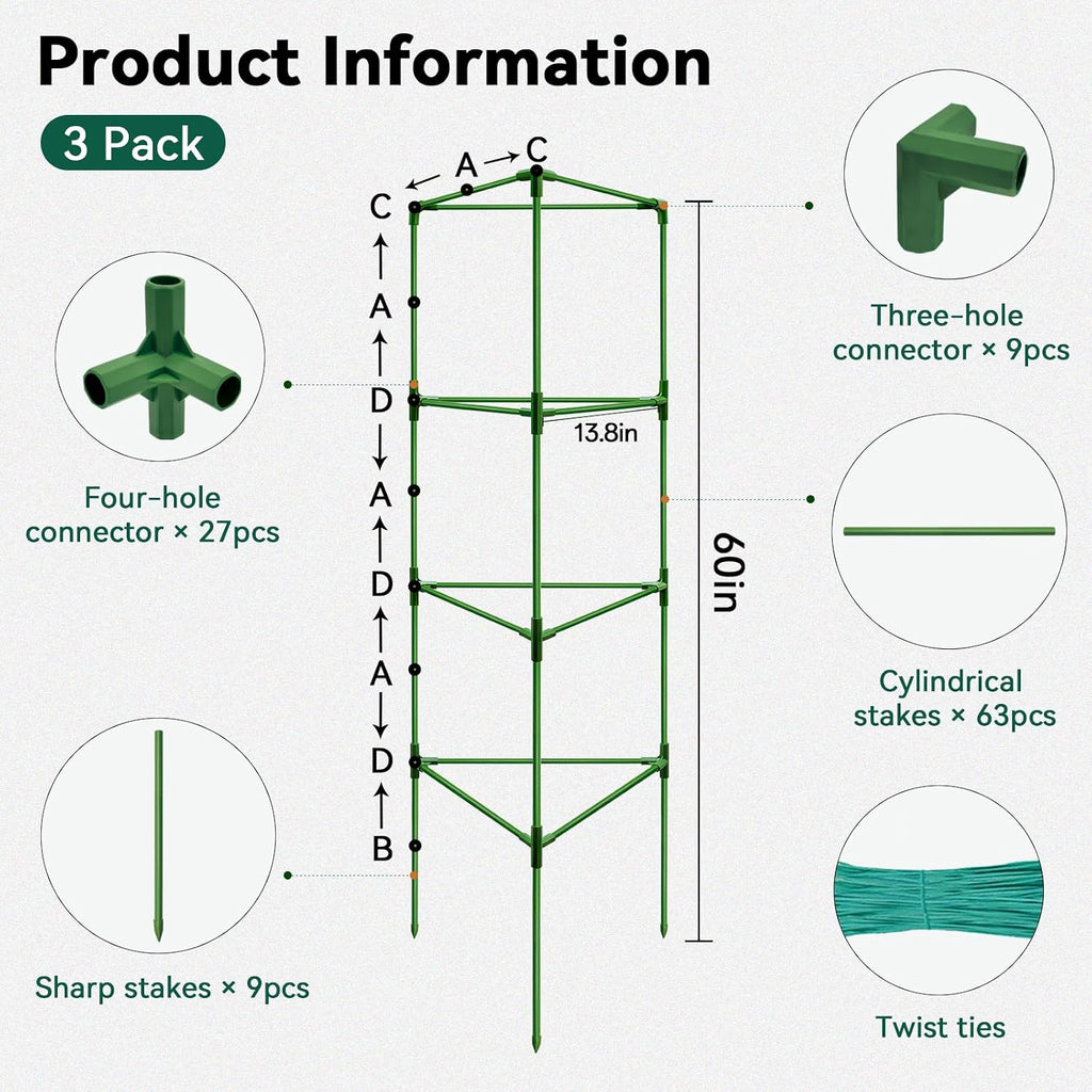 3 Pack Tomato Cages for Graden 60 Inch, Adjustable Metal Tall Heavy Duty Tomato Trellis Plant Support, Tomatoes