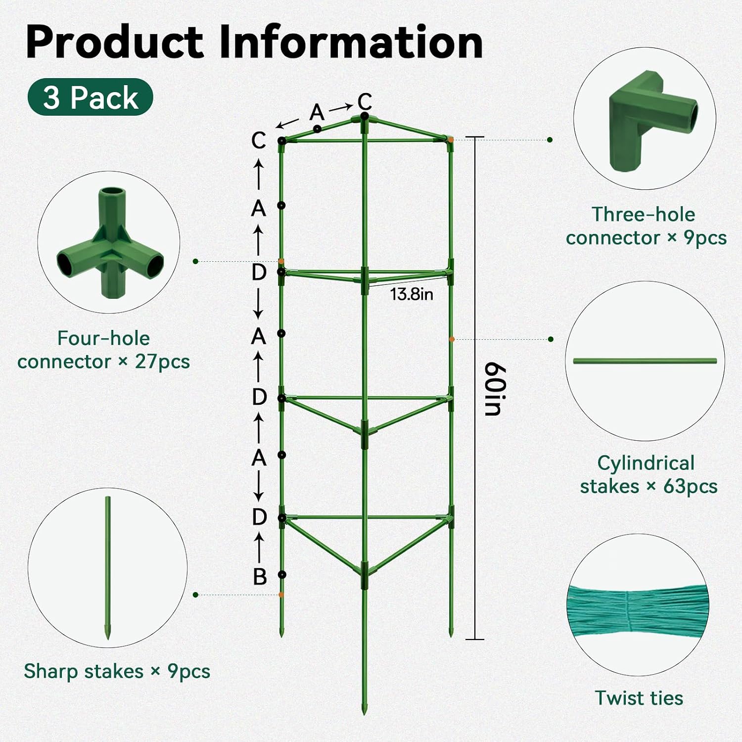 3 Pack Tomato Cages for Graden 60 Inch, Adjustable Metal Tall Heavy Duty Tomato Trellis Plant Support, Tomatoes
