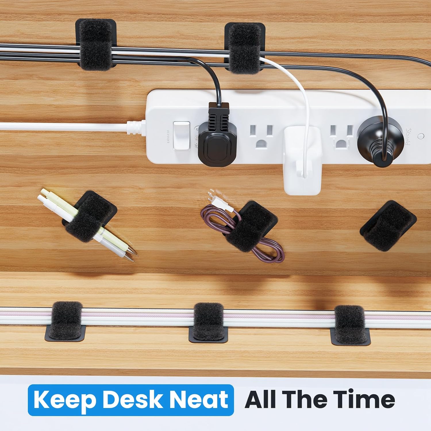 Cable Management Under Desk, 【Up to 15 Cord】【Enhanced Wire Holder】 Cord Organizer, Adjustable Hook and Loop Cable