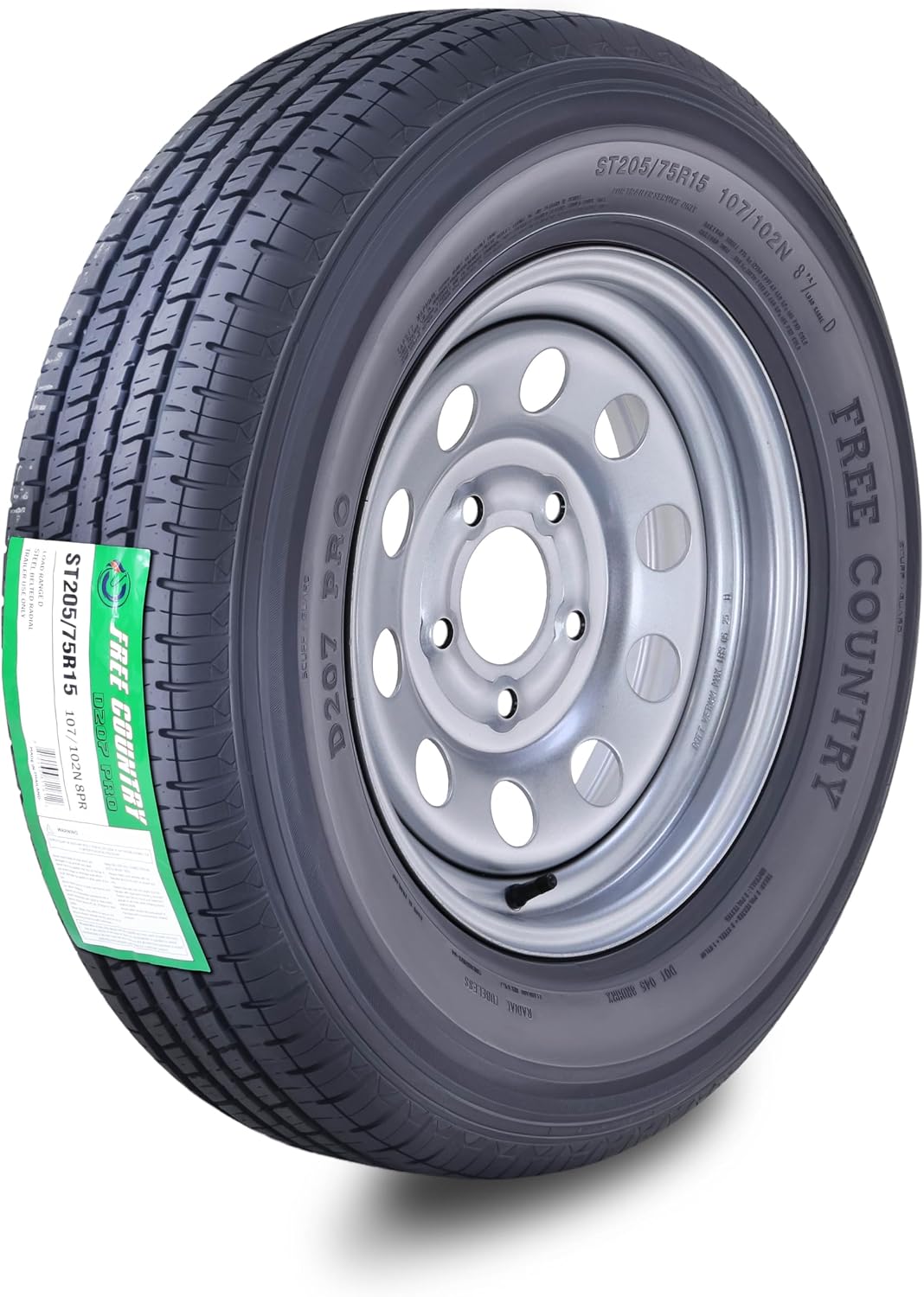 Trailer Tire Wheel ST205/75R15 8-Ply 107N 5X4.5 Silver Mod Rim