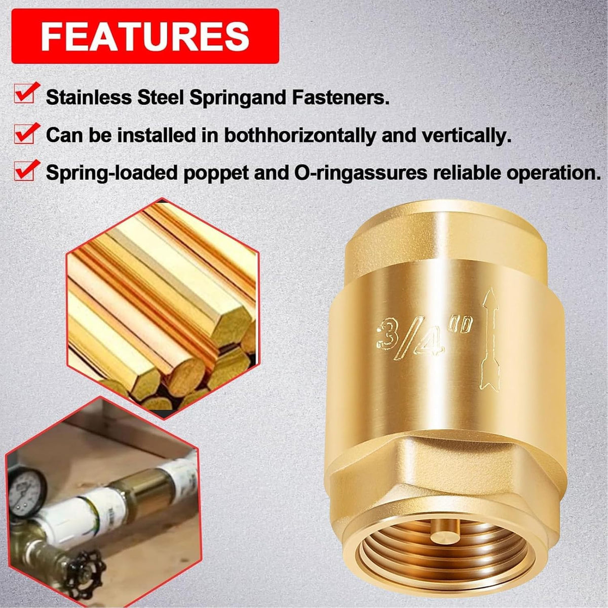 2 Pcs 3/4 NPT Thread Spring Check Valve, Brass Non Return One Way Valve Horizontal Vertical Inline Water Spring Check Valve for Well, Pump, Tank, Backflow Prevention 2 Pack