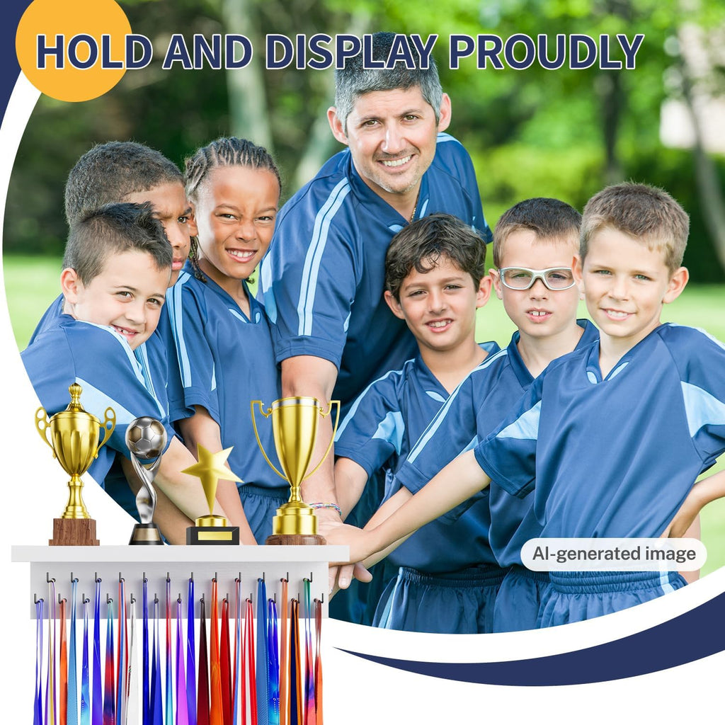 Medal Holder Display Trophy Shelf Organizer, Sturdy Wooden Race Award Hanger Rack with 25 Steel Hooks, Wall Mount