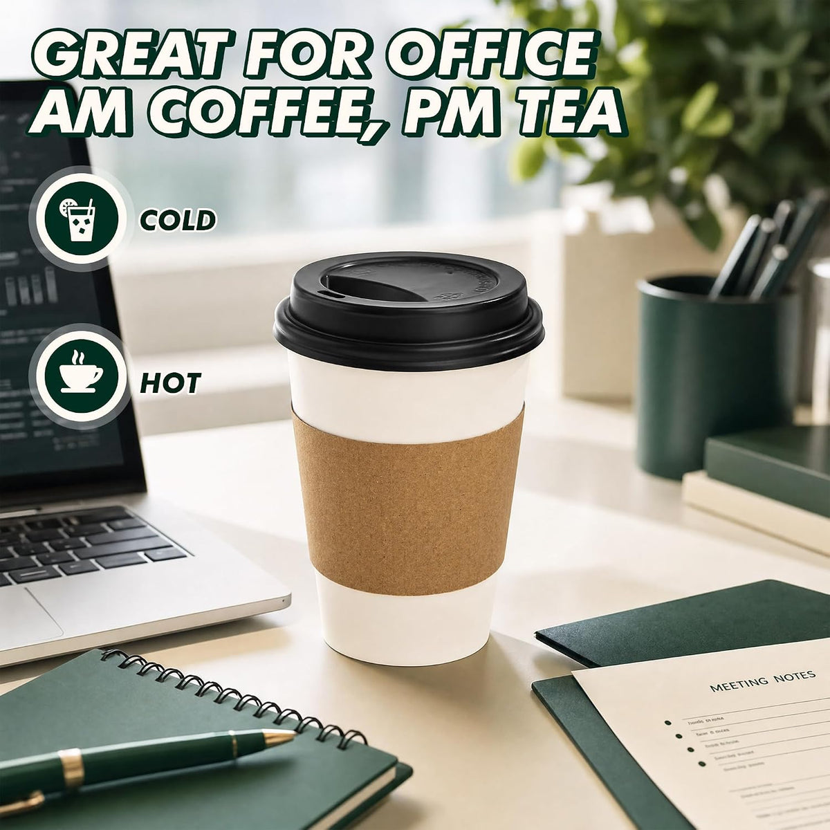 12 oz Coffee Cups with Lids and Sleeves 100 Pack, White