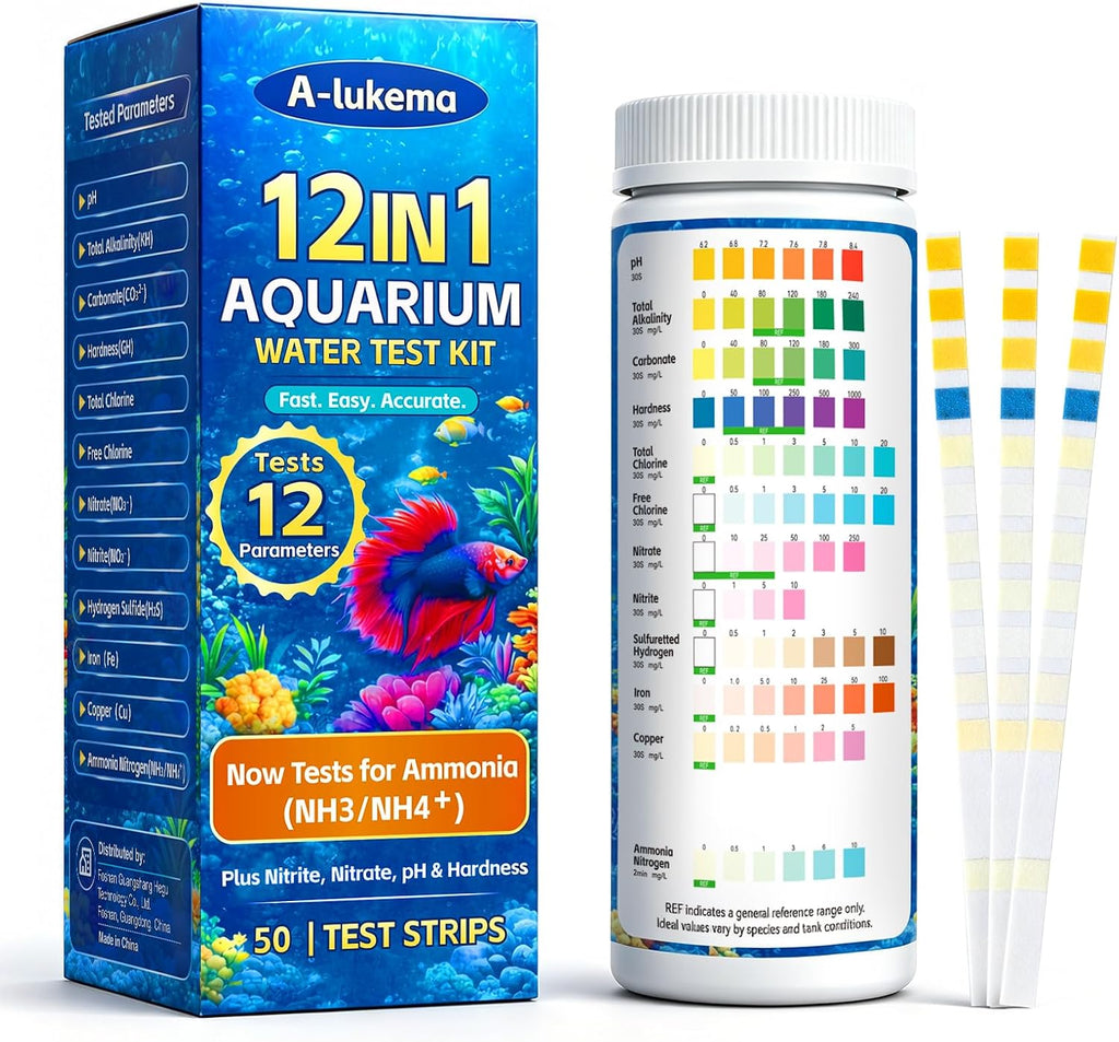 12-in-1 Aquarium Test Strips for Ammonia, 50ct Fish Tank Water Testing Kit