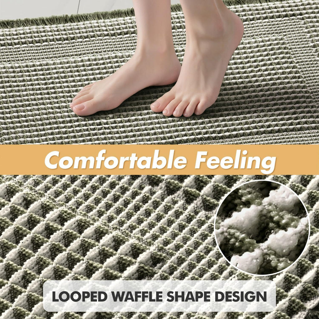 Set of 2 Waffle Bathroom Rugs Green&Cream Boho Bath Mat 17x24+18x30 | Looped Design, Super Absorbent, Non Slip