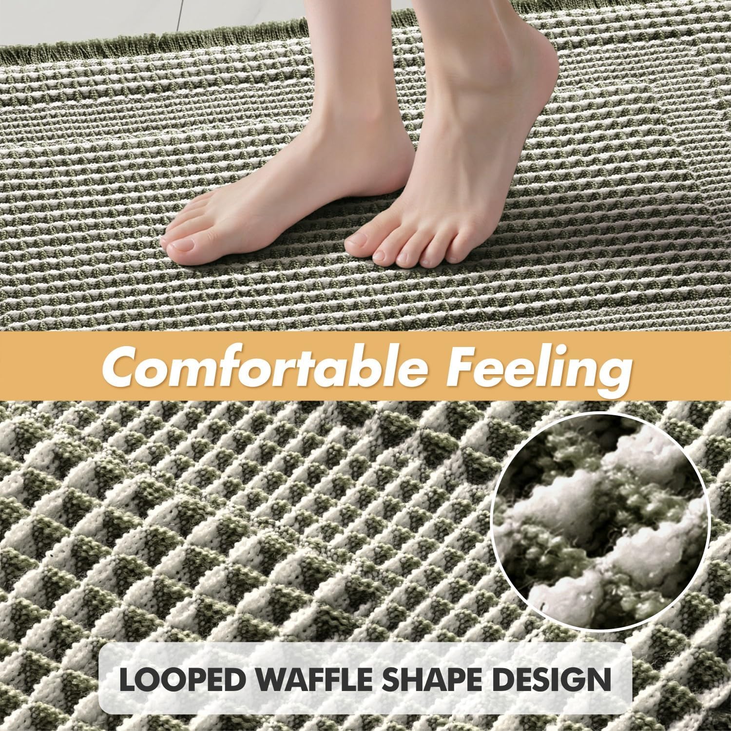 Set of 2 Waffle Bathroom Rugs Green&Cream Boho Bath Mat 17x24+18x30 | Looped Design, Super Absorbent, Non Slip