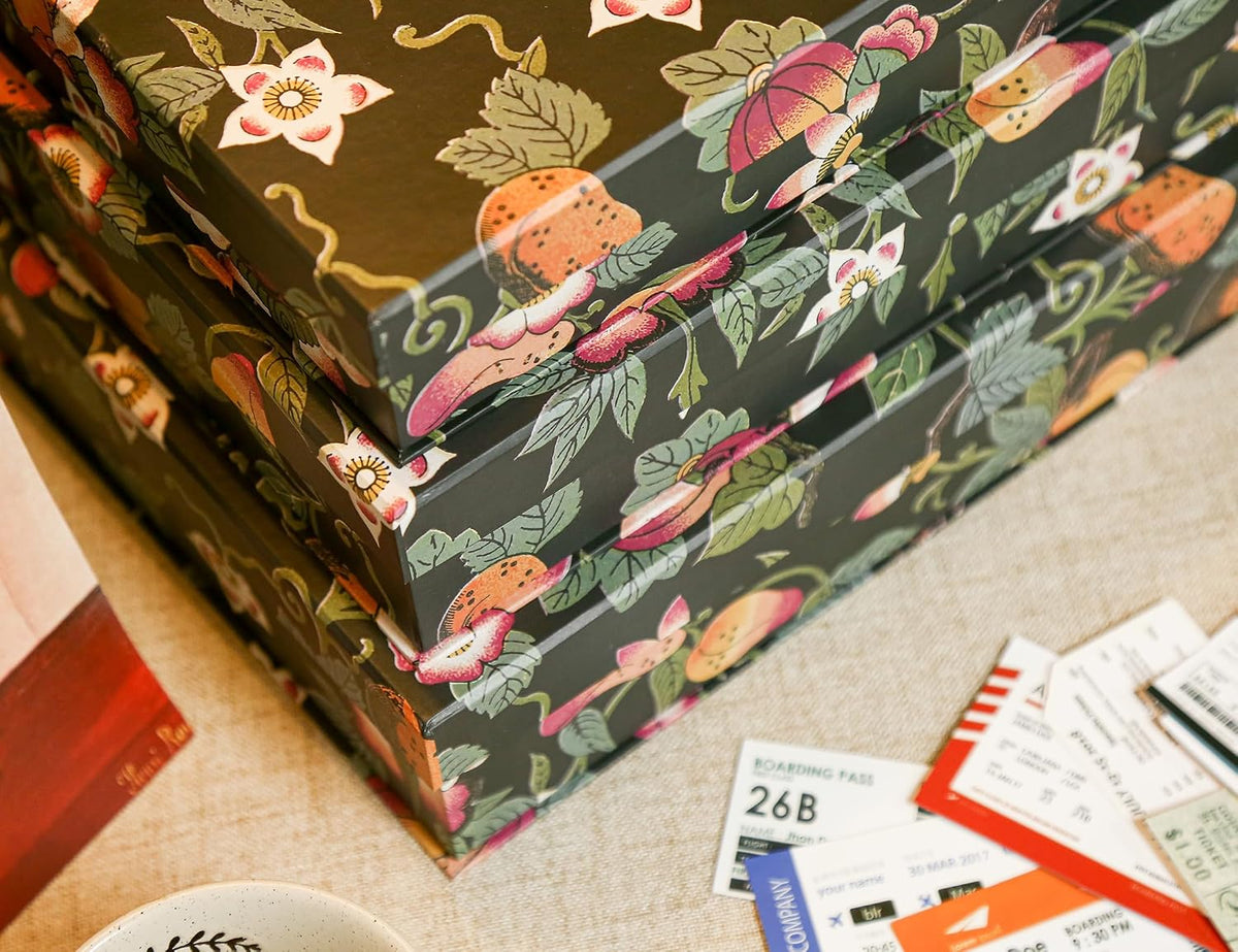 3-Piece Decorative Storage Boxes with Lids, Dark Botanical Floral & Fruit Pattern, Sturdy Cardboard Keepsake Boxes