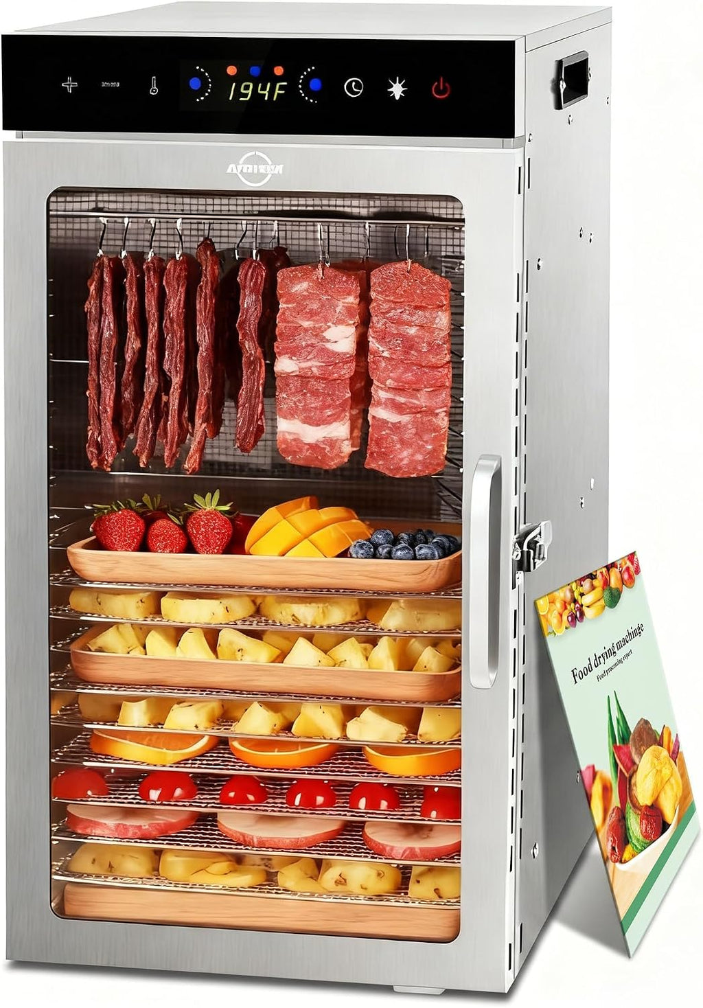 Food Dehydrator Machine 18Tray, 800W Dual Fan Fast Drying, 24H Timer, 86-194℉ Control, Noise Below 45dB, LED Panel