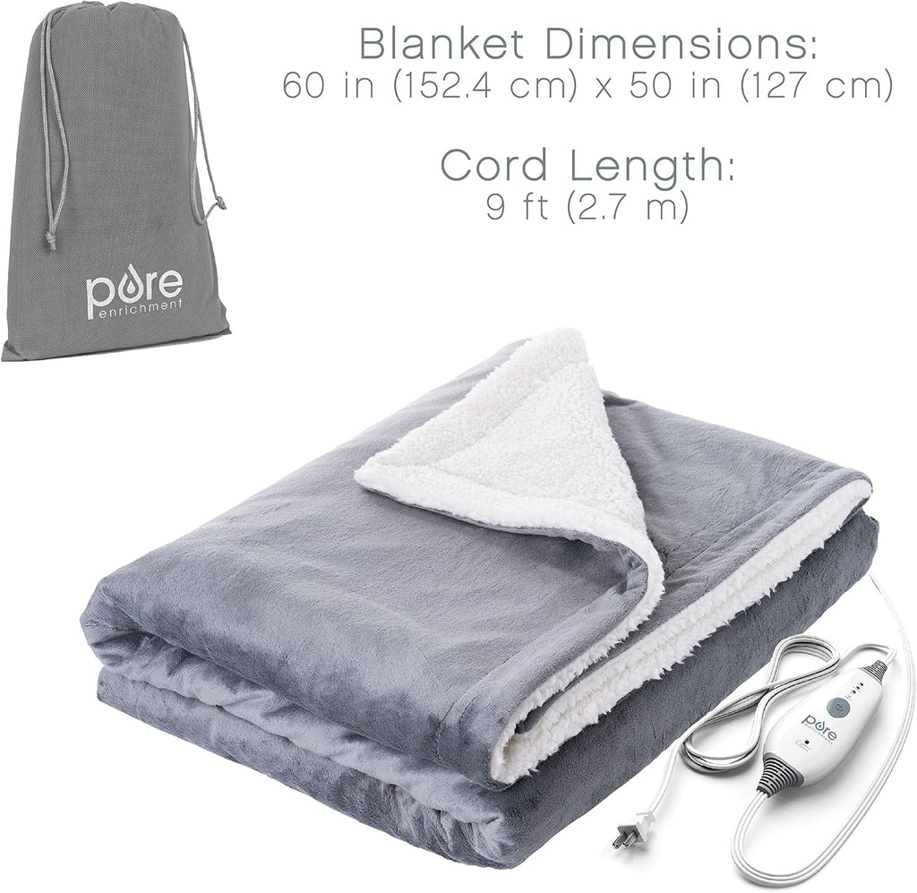 PureRelief Plush Heated Throw (50” x 60”) - 4 InstaHeat Settings, Soft Micromink & Sherpa Fabric, Machine Washable