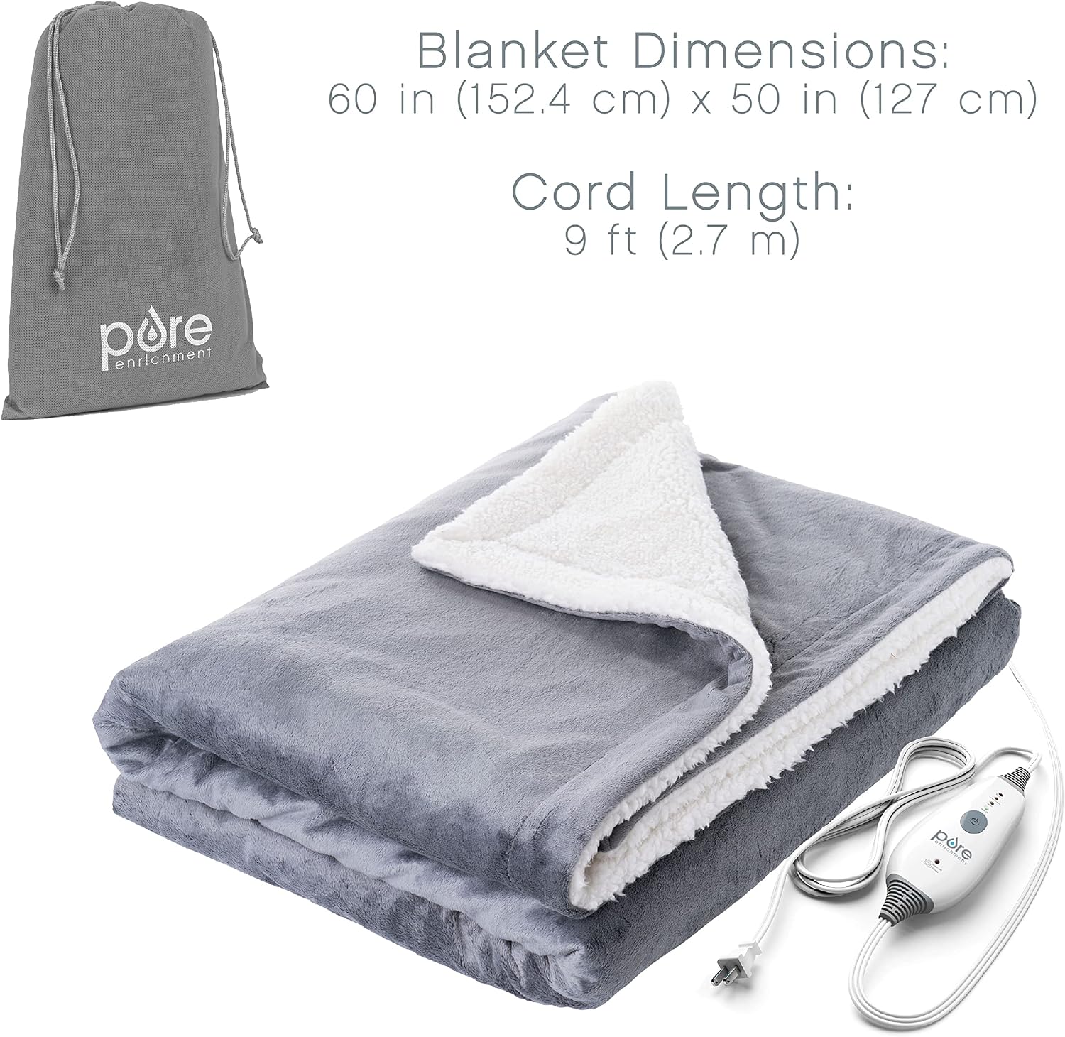 PureRelief Plush Heated Throw (50” x 60”) - 4 InstaHeat Settings, Soft Micromink & Sherpa Fabric, Machine Washable