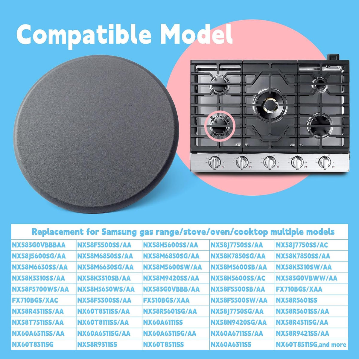 DG62-00067A Gas Range Cooktop Large Surface Burner Cap Replacement for Samsung Stove Oven Hat Parts NX58H5600SS/AA NX60T8311SS/AA NX60A6511SS/AA, 3.74 Inch Replace 2754487 AP5582107 PS4240971