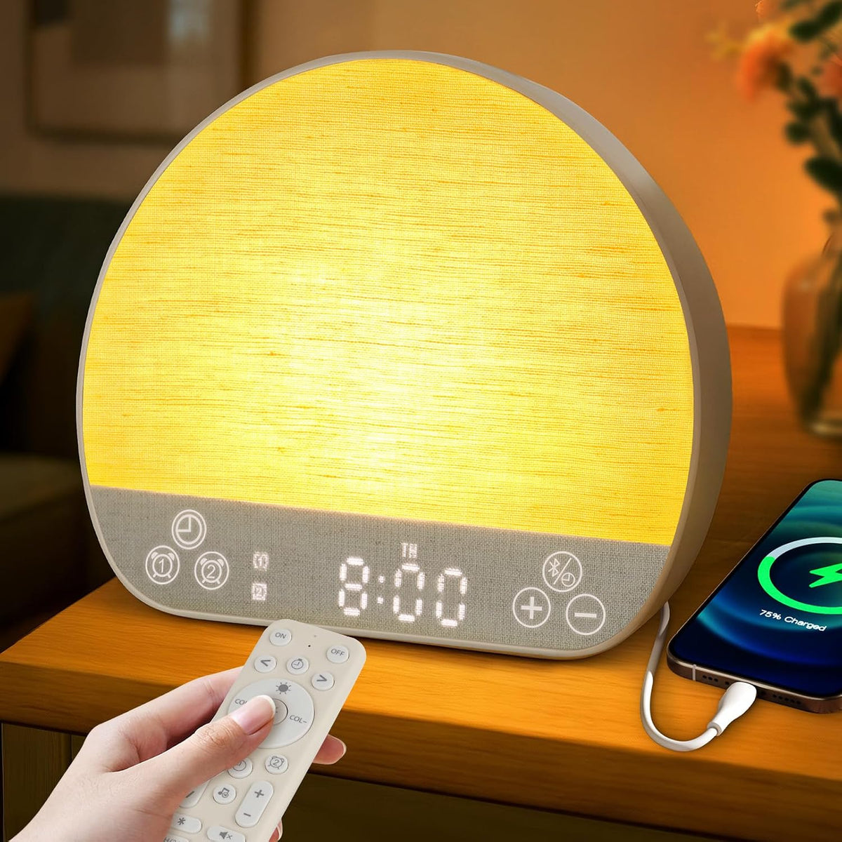 Sunrise Alarm Clock Wake Up Light for Heavy Sleeper with Remote | 37 White Noise Sounds, Tap Snooze, Bluetooth, USB