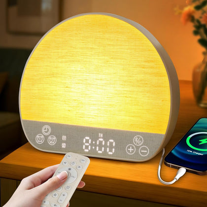 Sunrise Alarm Clock Wake Up Light for Heavy Sleeper with Remote | 37 White Noise Sounds, Tap Snooze, Bluetooth, USB