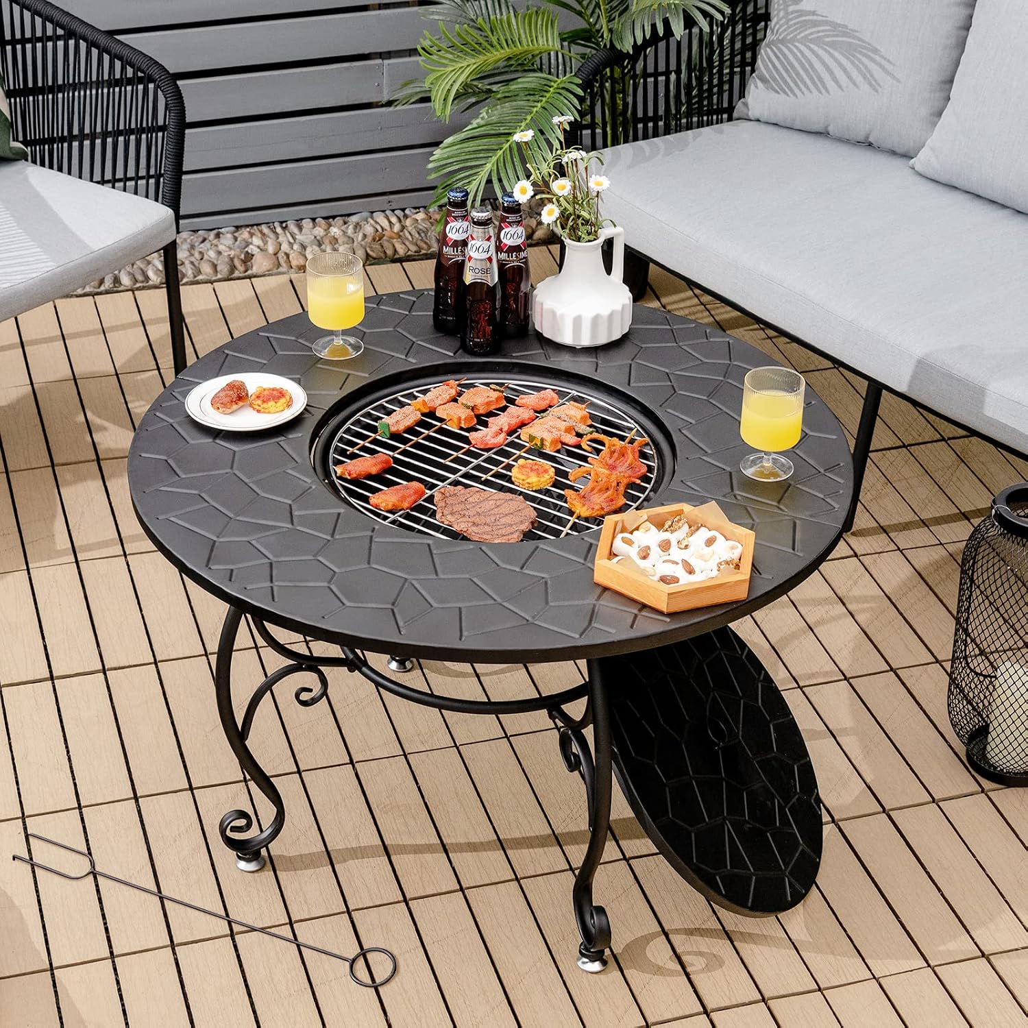 4-in-1 Fire Pit Table, 36" Outdoor Metal Round Dining Table