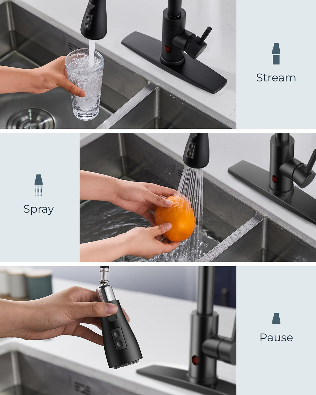 FORIOUS Black Touchless Kitchen Faucet with Soap Dispenser, Hands-Free