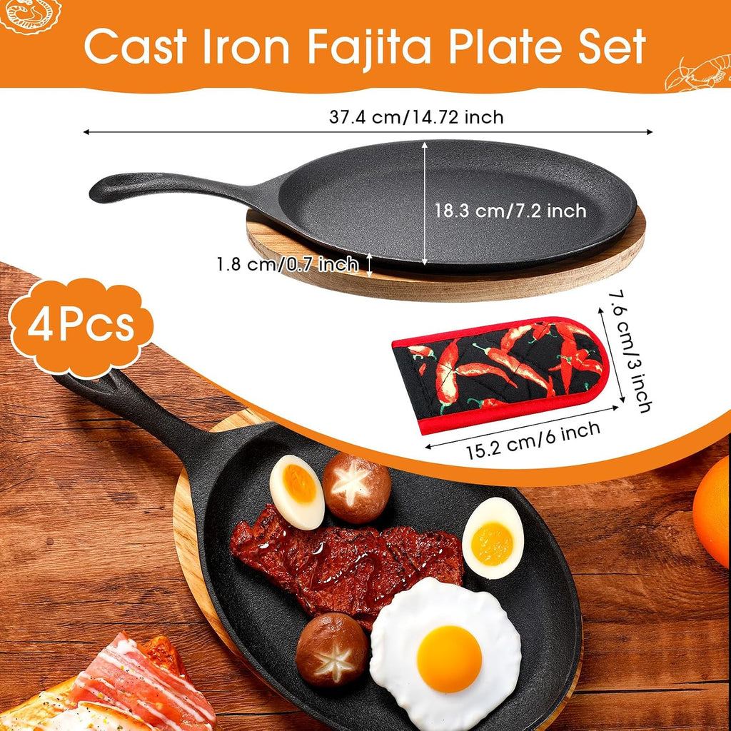 Cast Iron Fajita Skillet, Wooden Tray, Protective Mitt, 4 Sets