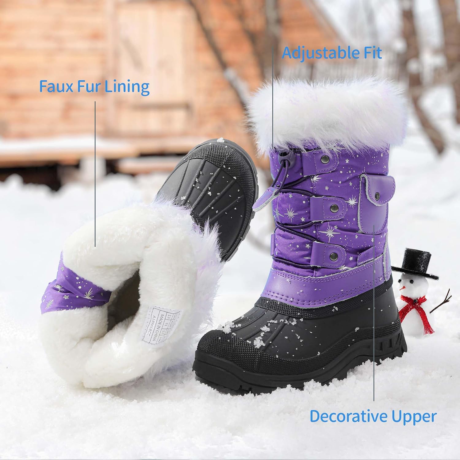 Girls Snow Waterproof Winter Boots | Warm Faux Fur Lined Outdoor Secure Grip Anti Slip Outsole Easy Wear Windproof