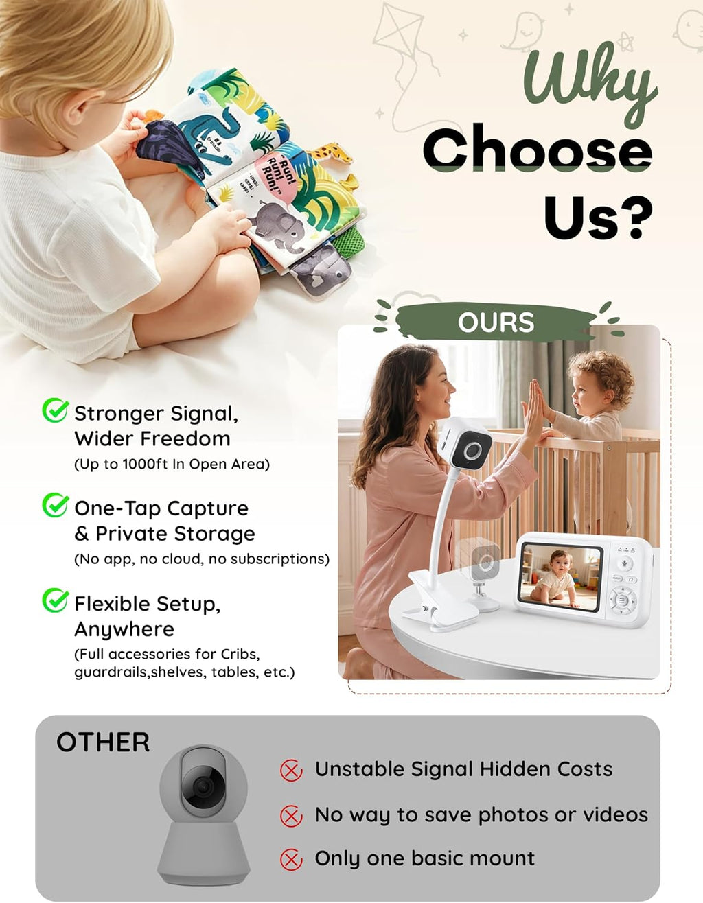 Baby Monitor with Camera and Audio, No WiFi, with Clip for Crib & Stand | Portable 3.5" HD IPS Video Screen, 2.4G