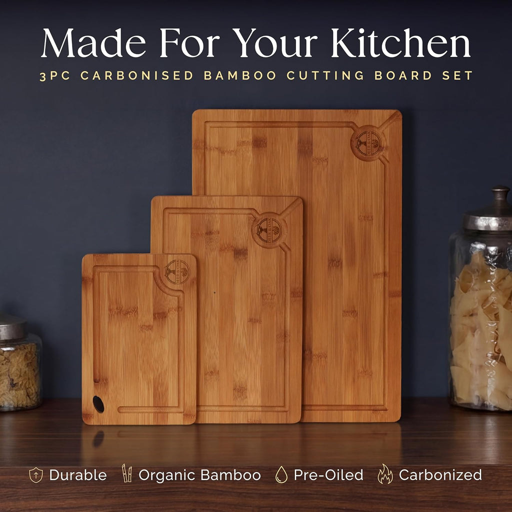 Pre-Oiled, Non Toxic 3-Piece Carbonized Bamboo Cutting Board Set, Eco-Friendly Wooden Chopping Boards for Kitchen