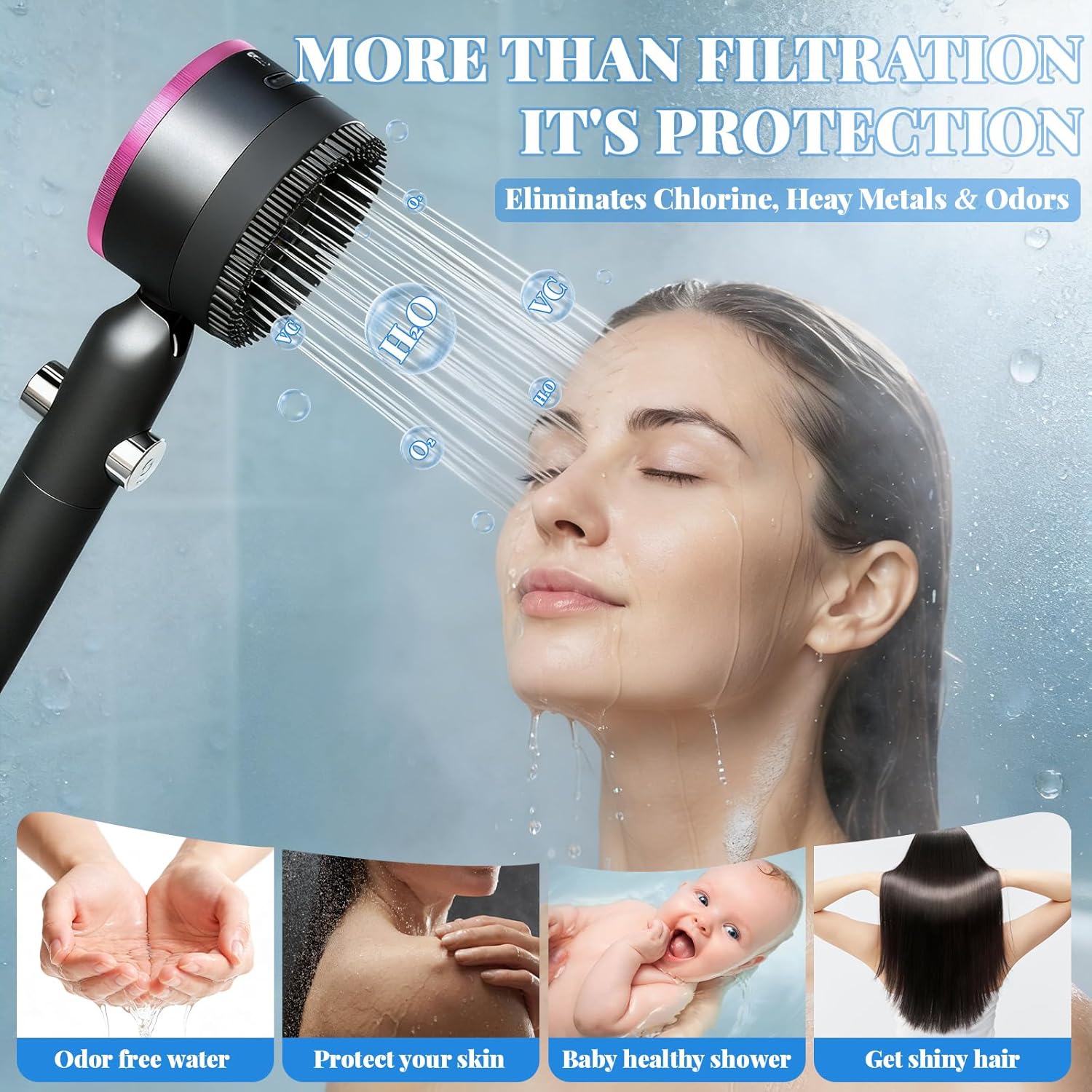 Filtered Handheld Shower Head, High Pressure Power Showerhead with 5 Filters & 59" Flexible Hose, 360° Rotating