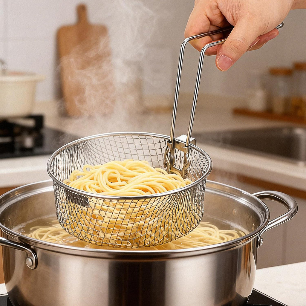 Deep Fryer Basket 2L Stainless Steel Round Fry Strainer with Handle