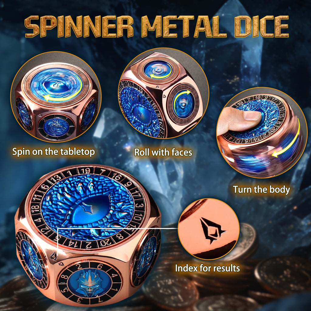 8-in-1 RPG Dice Set, Metal Spinner Dice with Dual D20, Copper Blue