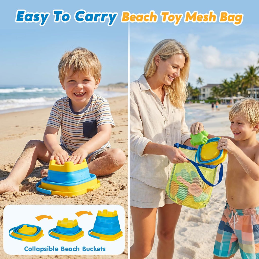 Beach Sand Toys for Toddler 1-3 with Trucks, 2 Collapsible Beach Toys for Kids Ages 4-8, Sandbox Toys for Toddler