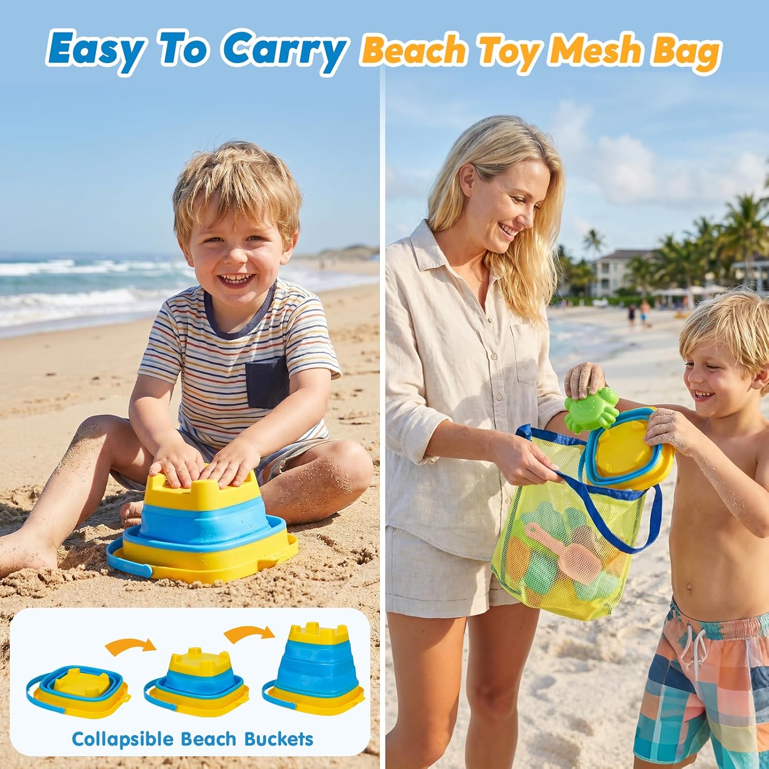 Beach Sand Toys for Toddler 1-3 with Trucks, 2 Collapsible Beach Toys for Kids Ages 4-8, Sandbox Toys for Toddler