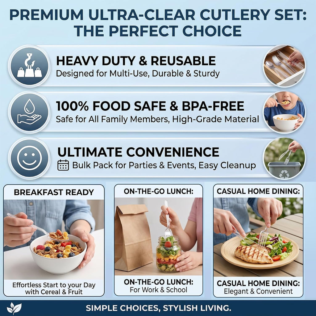 300 Count Extra Heavy Duty Plastic Silverware, Disposable Cutlery for Party