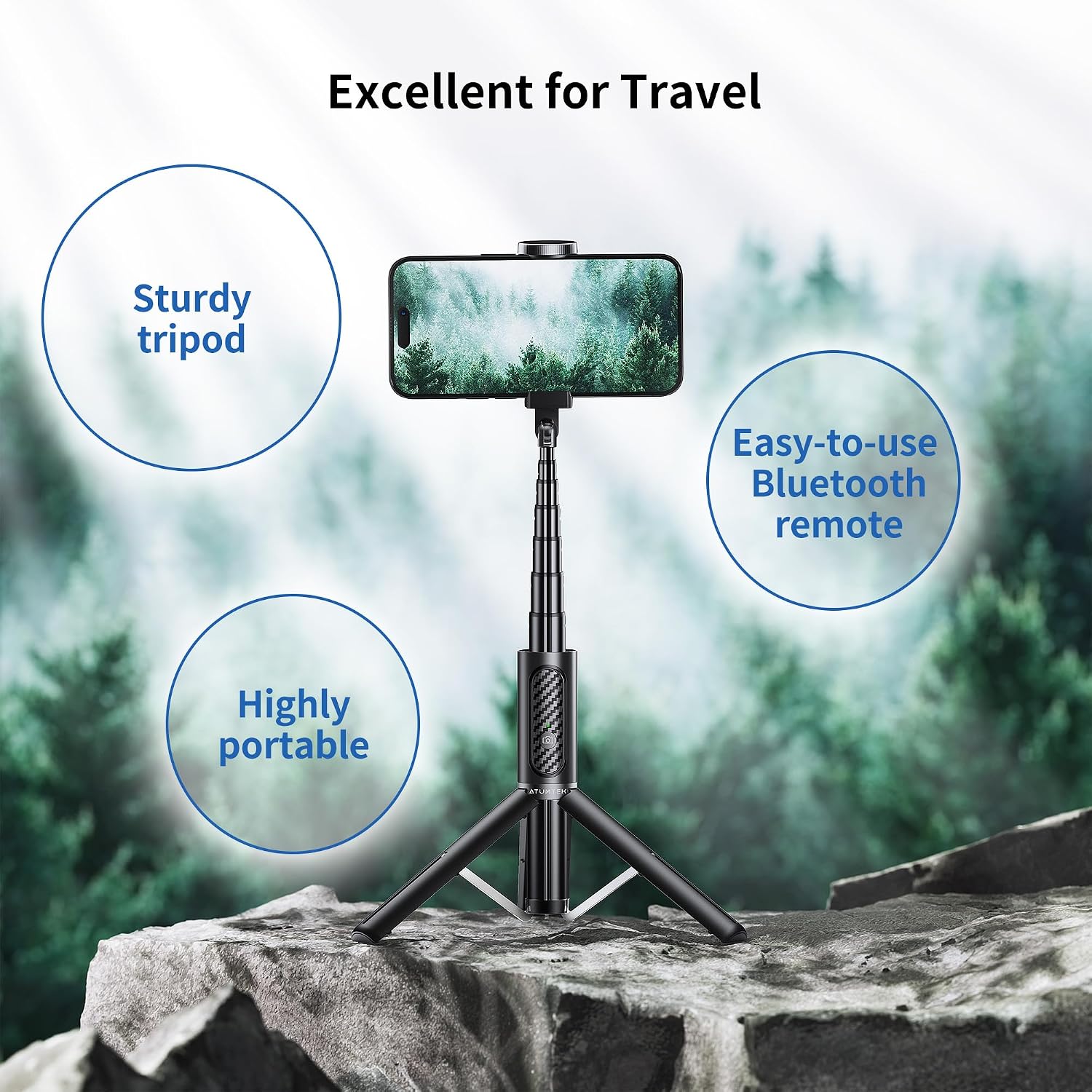Selfie Stick Tripod, 3-in-1 Extendable Aluminum Phone Tripod with Detachable Bluetooth Remote, Compatible with iPhone