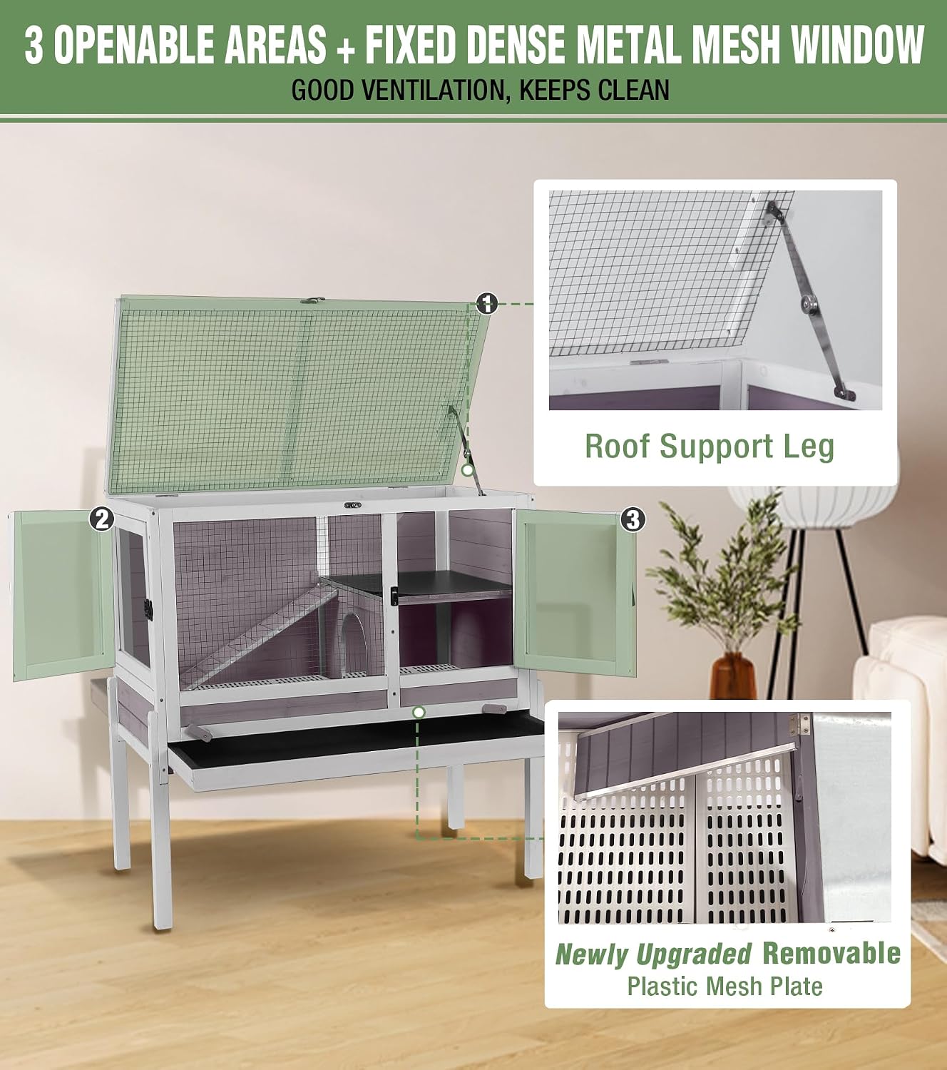 Guinea Pig Cage Indoor with Chew-Proof Edges, Clean Deep Tray | Rabbit cage with leakproof PVC layer, detachable