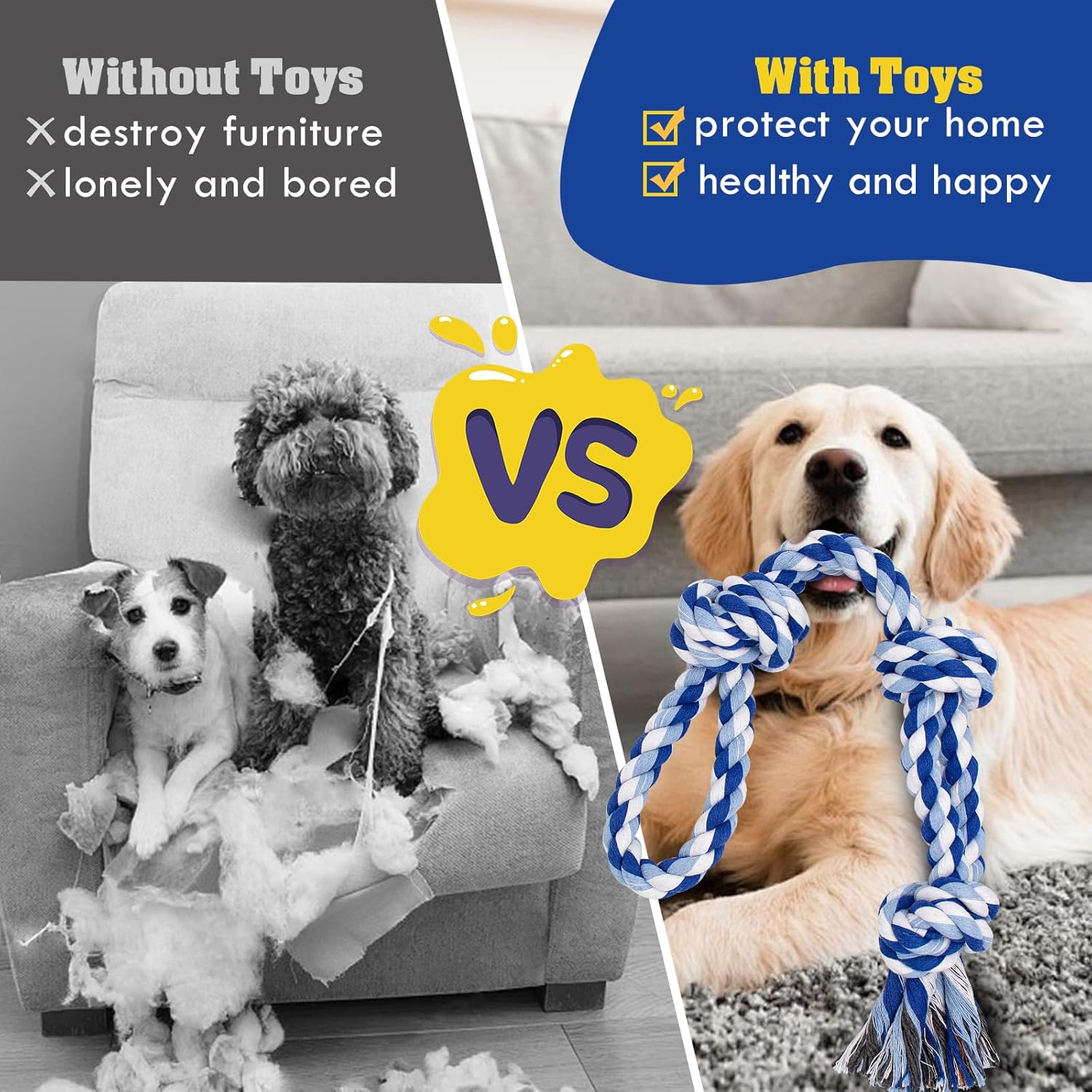 [3 Pack] Dog Rope Toys for Large and Medium Aggressive Chewers, Nearly Indestructible Rope Chew Toys, Heavy Duty 100%