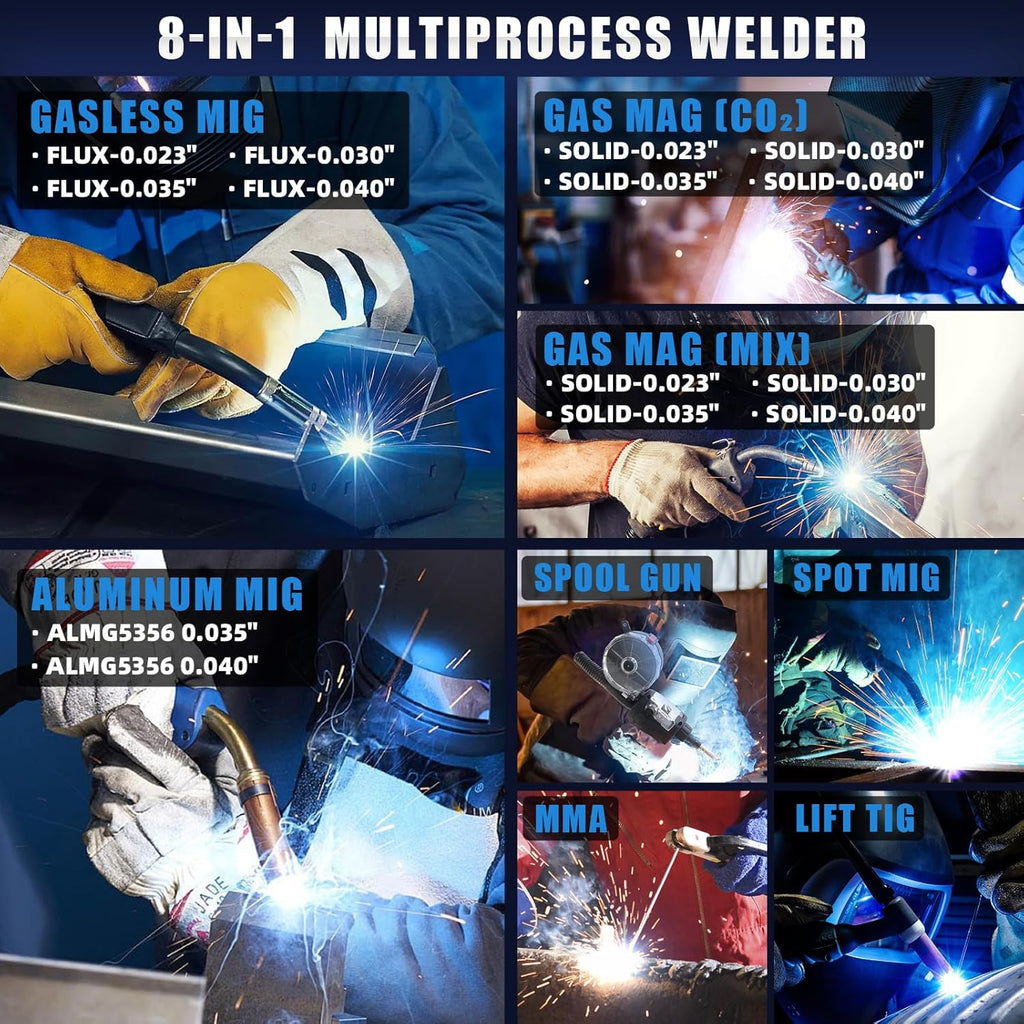 200A MIG Welder, 110V/220V 8-in-1 Aluminum MIG Welding Machine | 8 in 1 Welding, Flux Core MIG, Gas MIG, Gas MAG