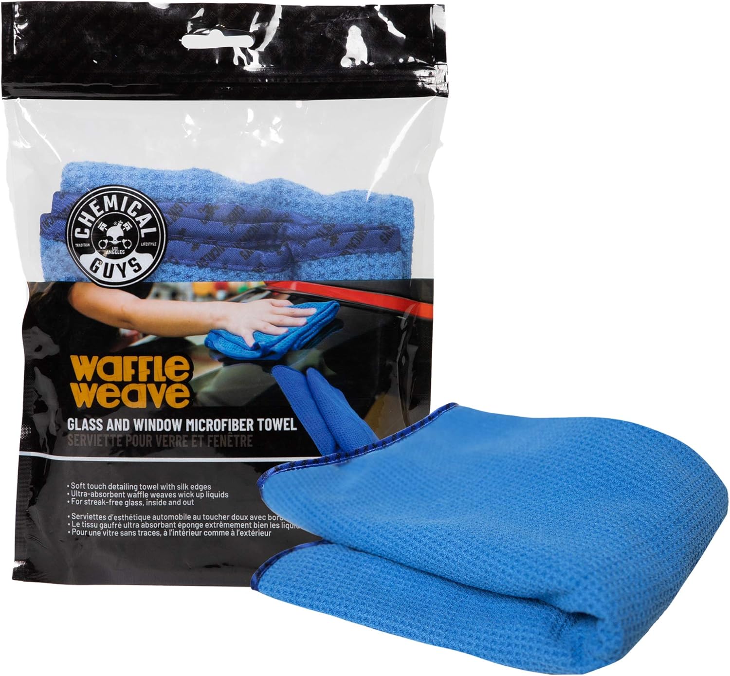 Waffle Weave Glass Cloth Microfiber Towel, Blue, 24 x 16 | Waffle-weave towel wipes glass, mirrors and windows