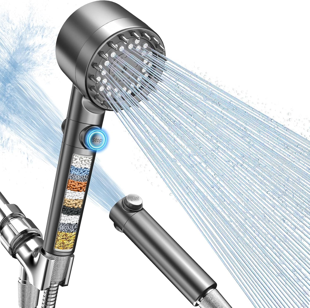 Filtered Shower Head with Handheld, High Pressure Shower Filter Head | ON/OFF Switch, Anti-clog Nozzles, 4 Spray