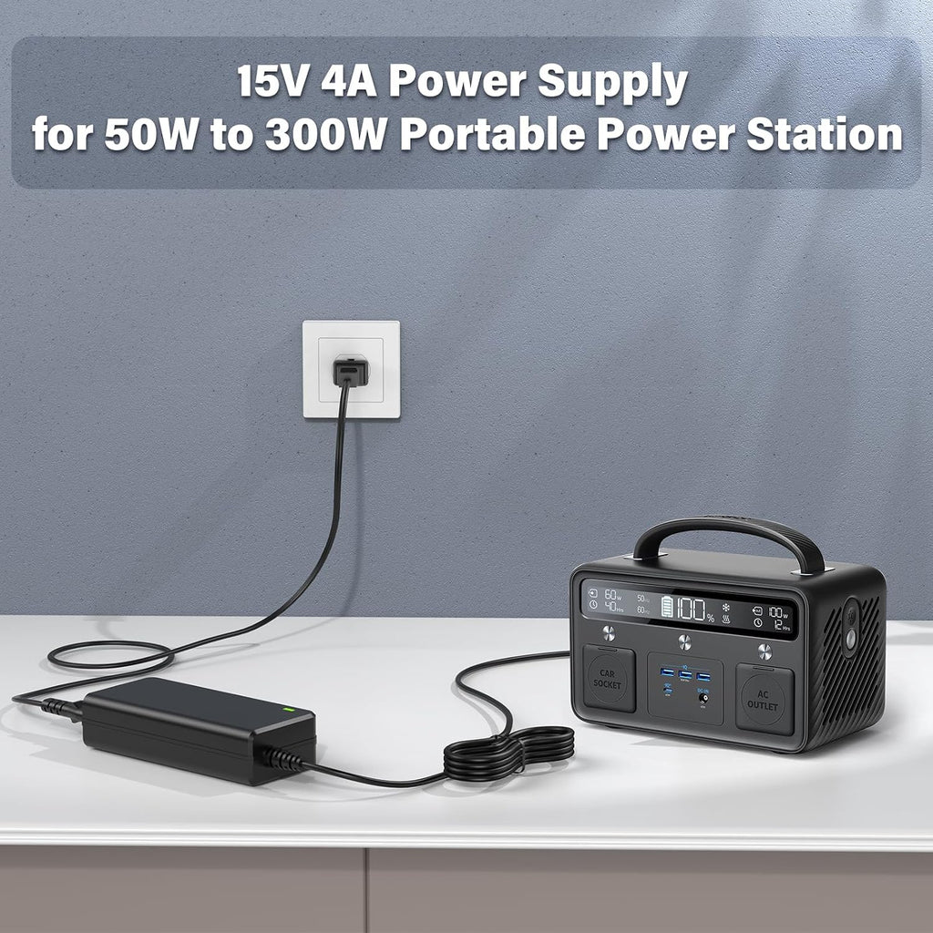15V 4A Charger for Anker Powerhouse 200,for Rockpals WCE001 K53 288Wh 350W 240Wh RP250W /for SinKeu/for FlashFish 50w