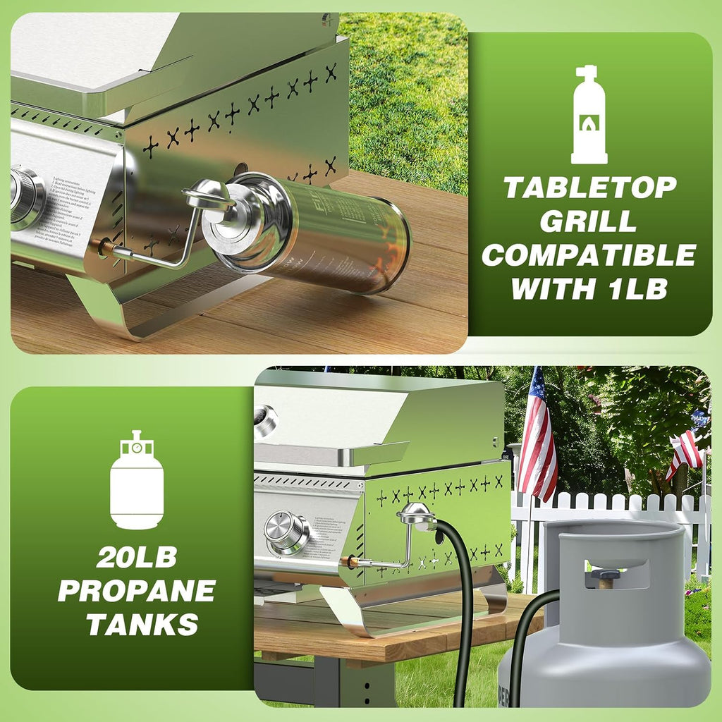 Portable 3-Burner Table Top Gas Grill with Griddle, Stainless Steel BBQ Propane Grill, Flat Top Grill with Lid for