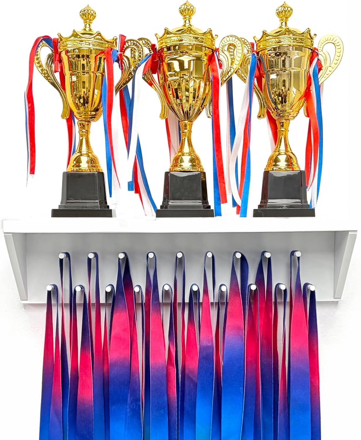 Medal Hanger Display and Trophy Shelf with Hooks - Wooden Medal Holder for Wall Mount Ribbon Display, Trophy Display